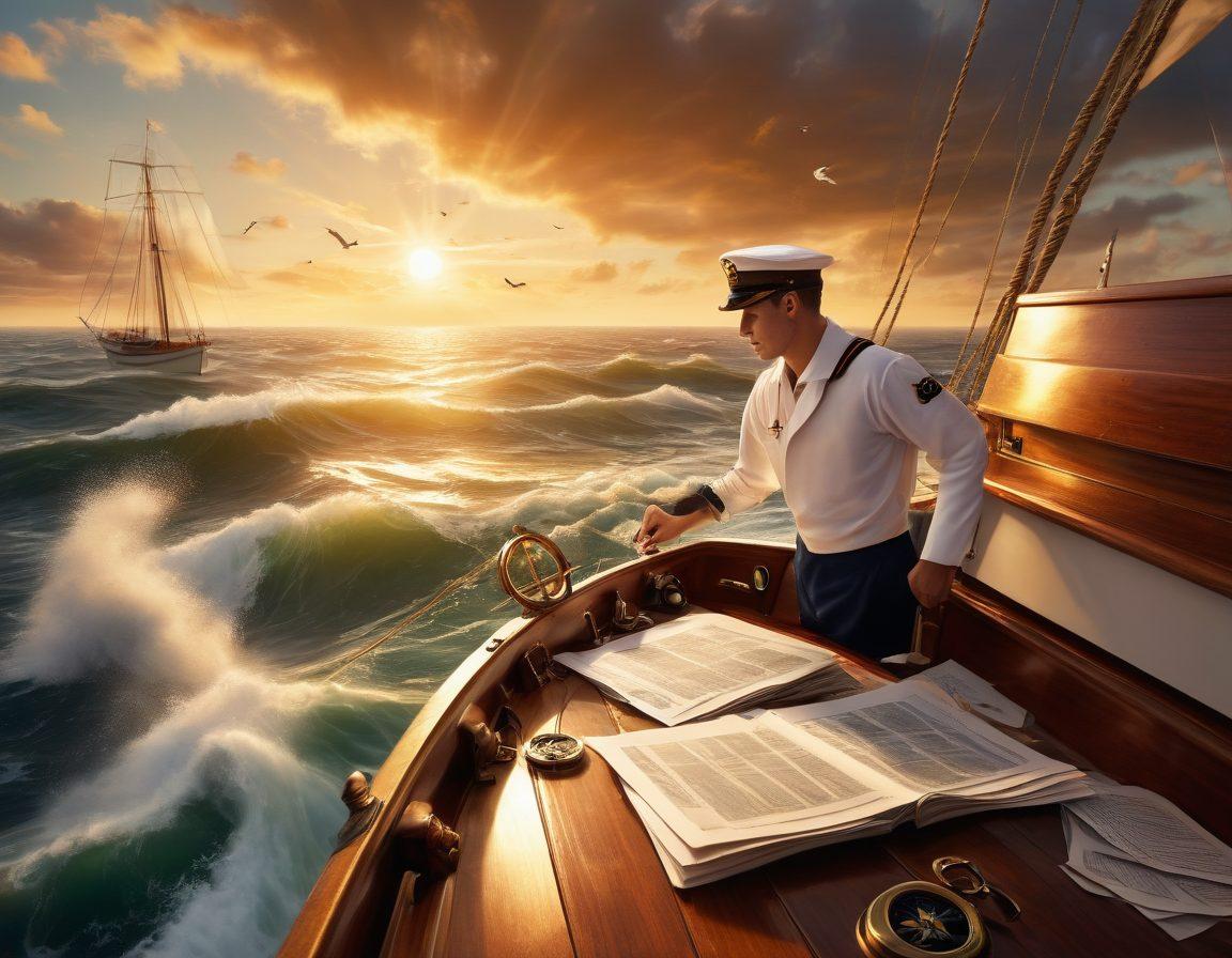 A sailor at sea, confidently navigating their boat through turbulent waves, with various nautical insurance documents and a compass spread out on the deck. The background features a dramatic sunset casting golden light over the water, while seagulls soar above, symbolizing freedom and protection. The scene should evoke a sense of adventure and security. super-realistic. vibrant colors.