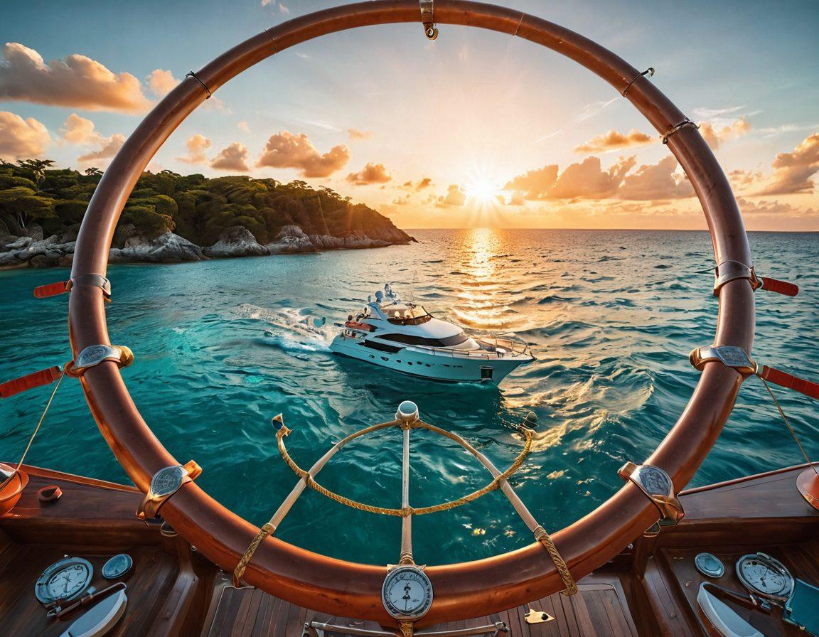 A serene yacht sailing across calm turquoise waters, surrounded by vibrant coral reefs, with the sun setting in the background casting warm golden hues. Overlay elements include protective icons like a shield and lifebuoy symbolizing safety and marine policies. Include a compass and nautical charts subtly in the foreground, emphasizing navigation and safety. super-realistic. vibrant colors. peaceful ambiance.