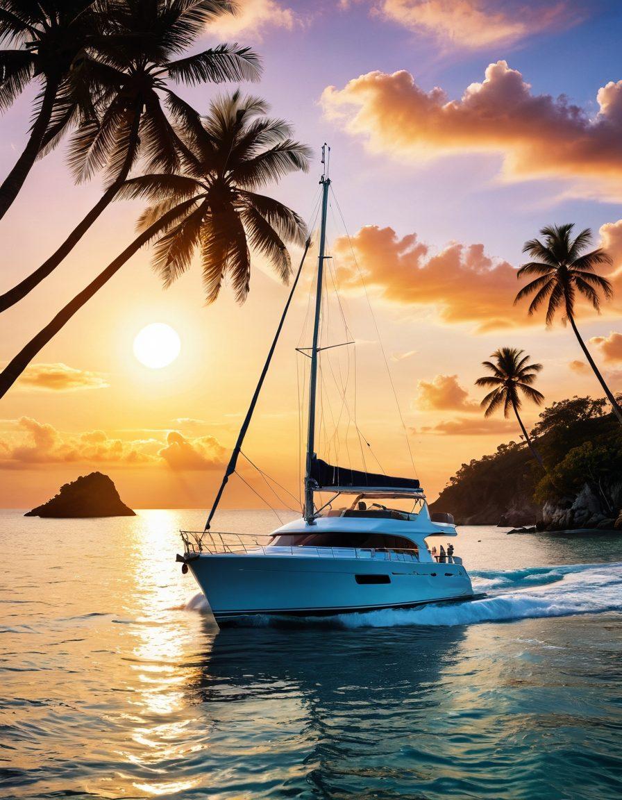 A luxurious yacht sailing gracefully on crystal clear waters, surrounded by gentle waves and a stunning sunset sky. Incorporate various maritime insurance symbols like a shield, life ring, and sailing maps subtly integrated into the water patterns. Add a serene coastline in the background with palm trees swaying softly. The yacht should be sleek and modern, suggesting protection and adventure. super-realistic. vibrant colors. 3D.